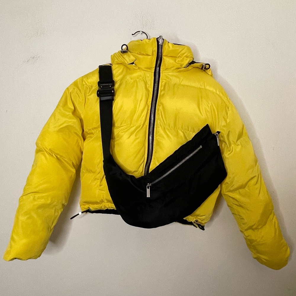Maniere De Voir Reversible Bomber Jacket With Removable Bag Black And Yellow